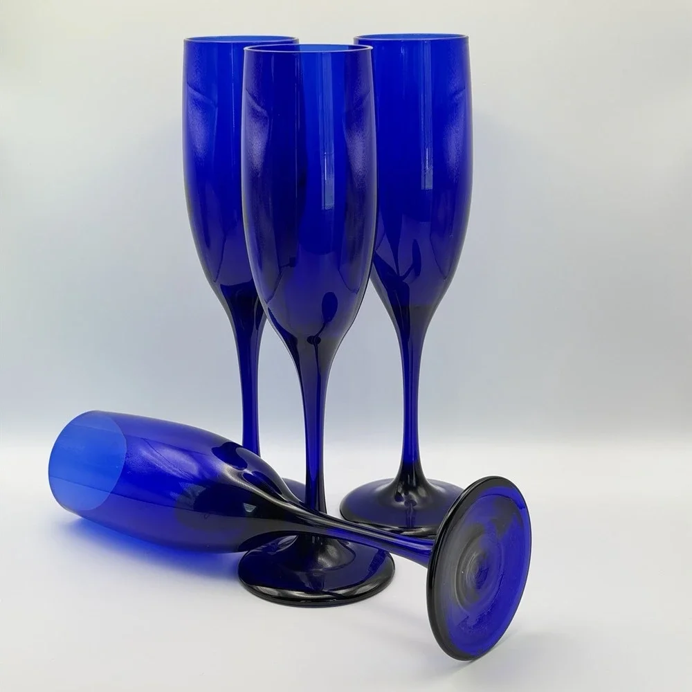 Libbey Premier Cobalt Blue Champagne Flutes Set‎ of 8 Glasses 8.25